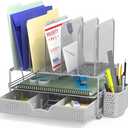 Simple Houseware Mesh Desk Organizer with Sliding Drawer, Double Tray and 5 Upright Sections, Silver