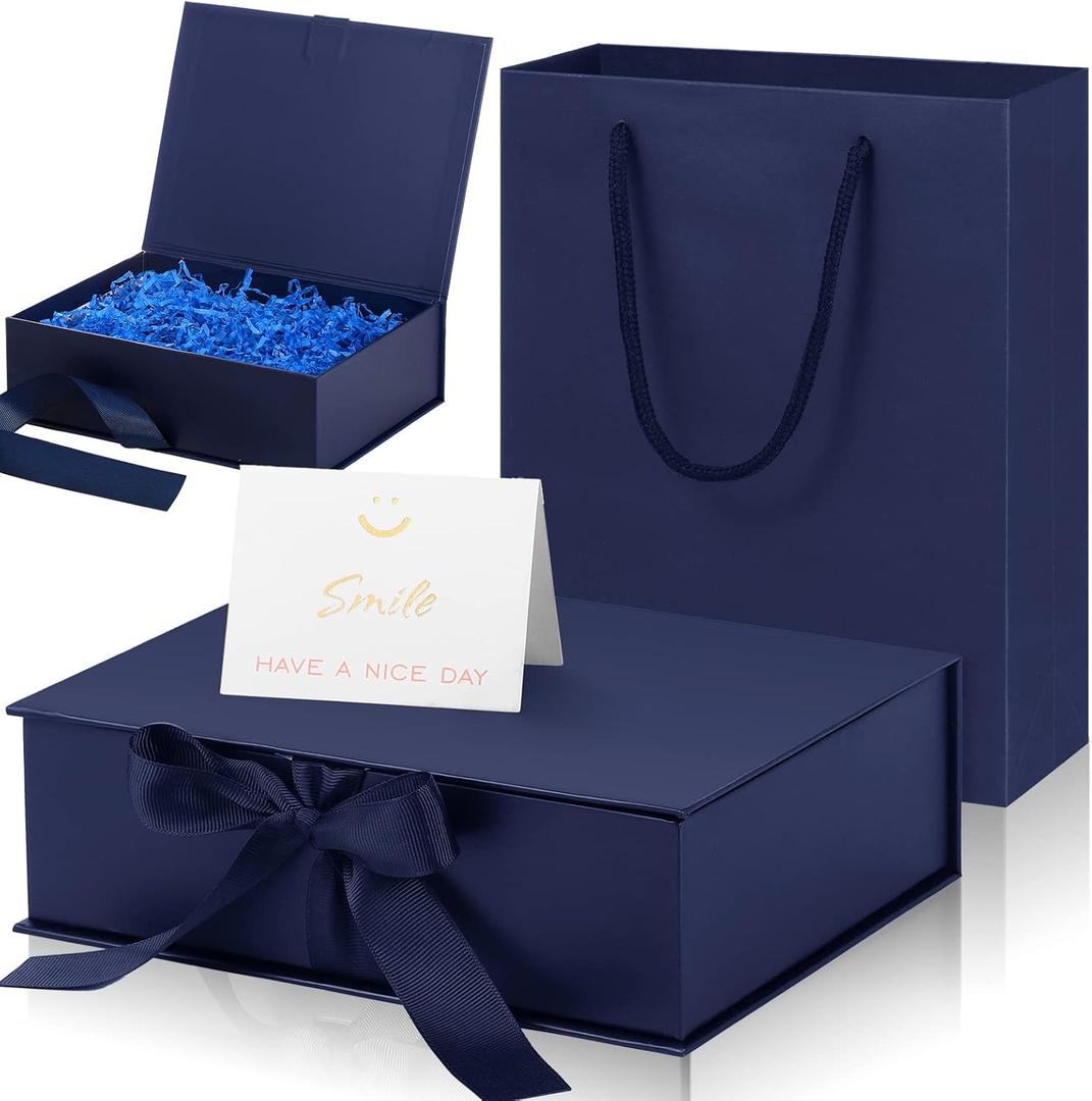 Zonon Dark Blue Luxury Gift Box with Lid and Ribbon 9 x 7 x 3'' Gift Bag with Greeting Card Tissue Paper for Decoration Wedding Birthday Party Favor Present Supplies