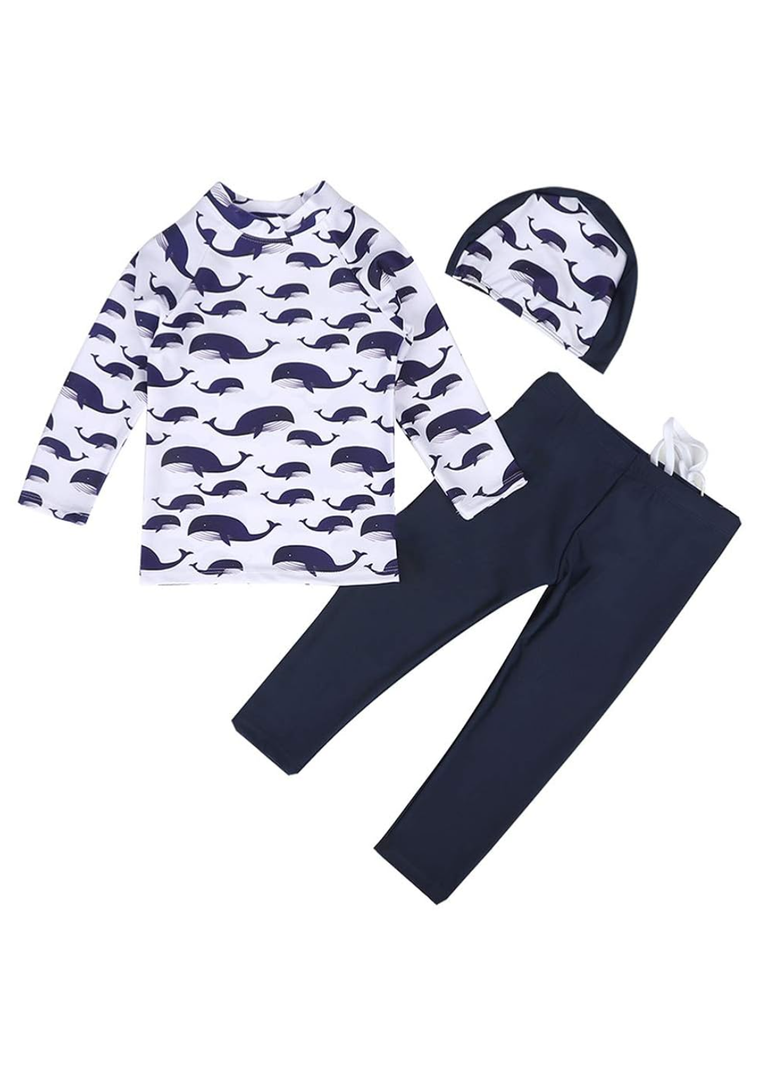 Kids Boys Two Piece Rash Guard Swimsuit Bathing Suit Long Sleeve Sunsuit Swimwear Set with Cap 2-10 Years, 2 PACK