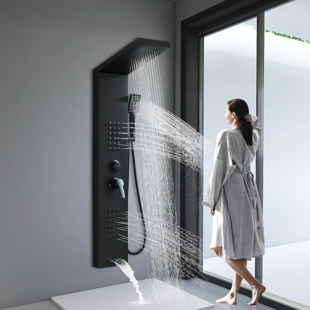 Black Shower Panel Modern Shower Tower System with Full Body Shower Jets System Handheld Spray Wall Mount Shower Panels Faucet