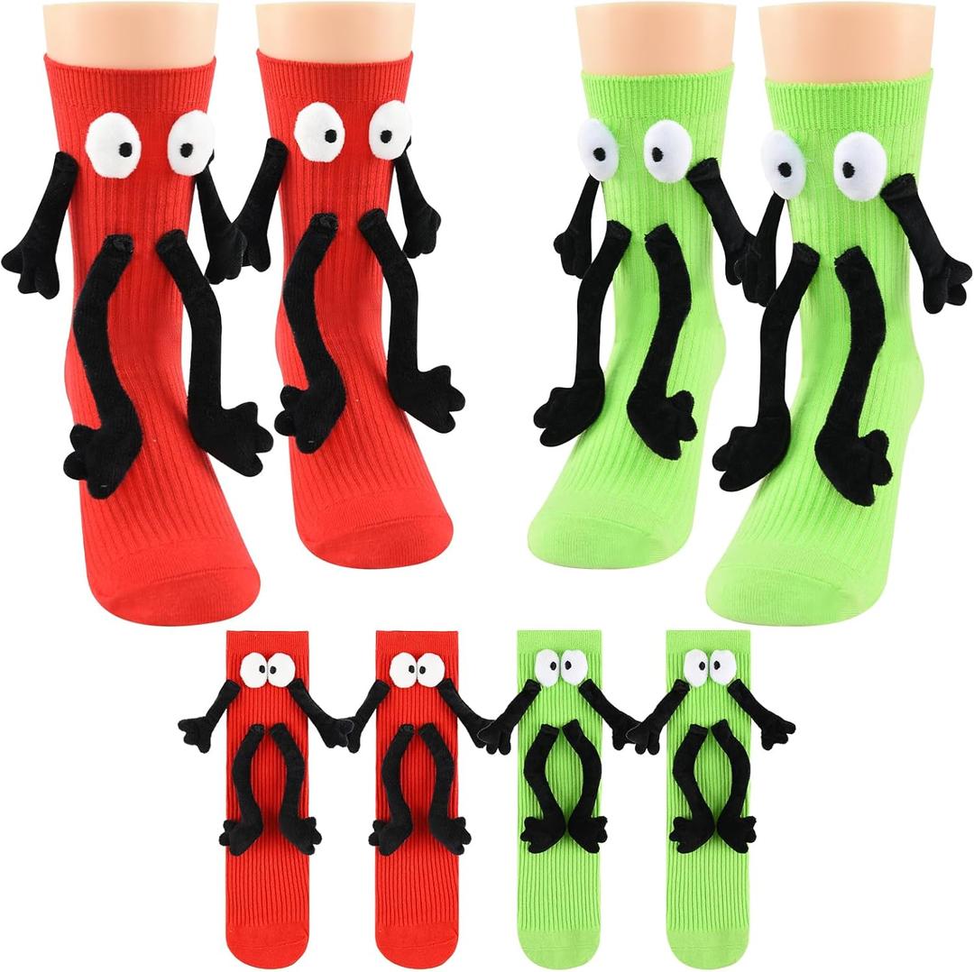 2 Pairs Funny Kids Holding Hands Socks, Magnetic Cute Crazy Novelty Cotton Socks for Toddler Boys Girls 4-11 Years (Green Red)