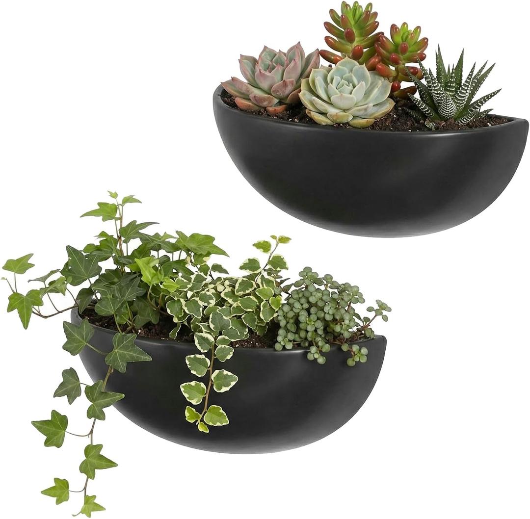 MyGift Matte Black Ceramic Indoor Wall Planter, 12 Inch Semi Circle Hanging Wall Vase, Set of 2