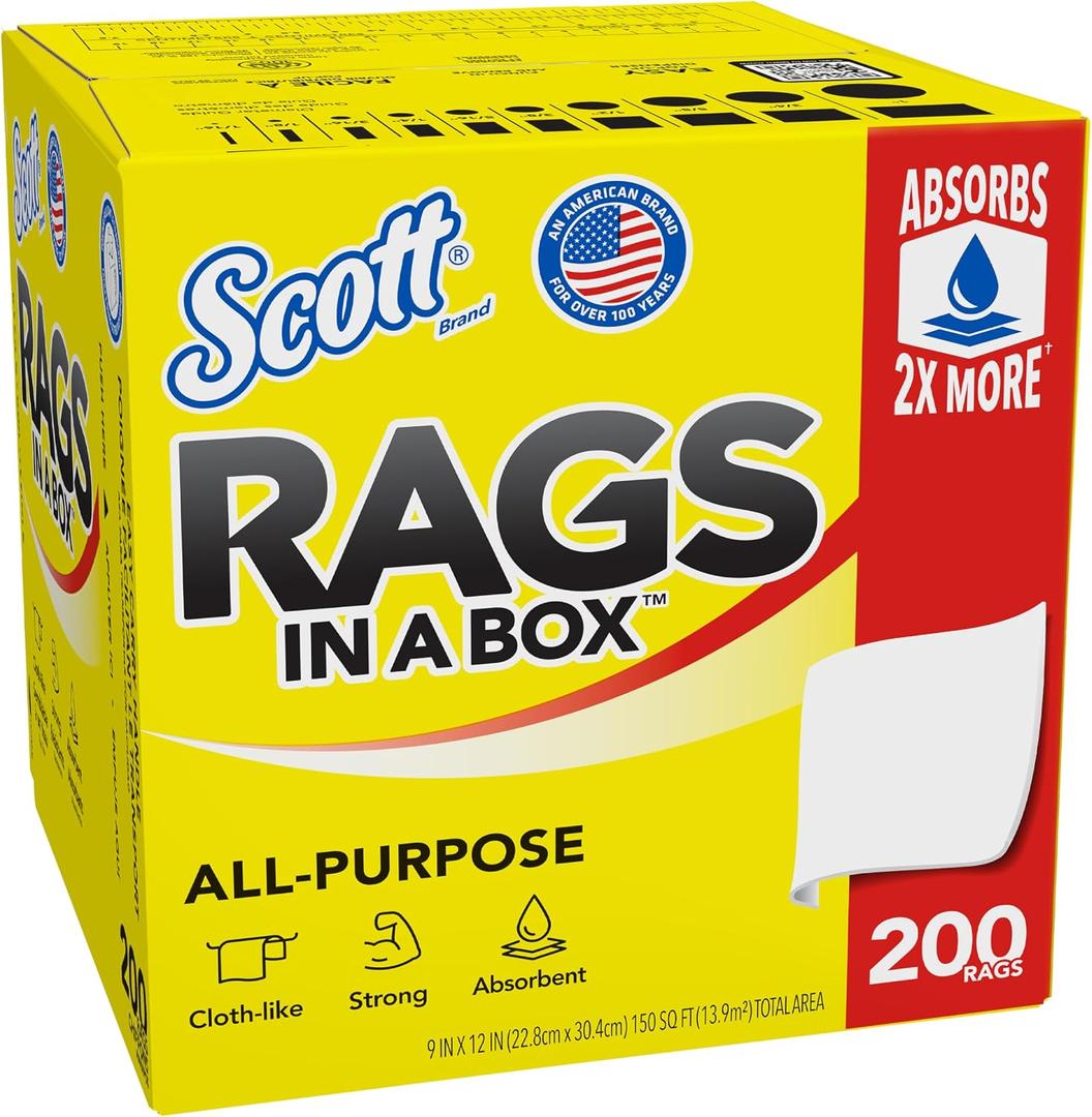 Scott Rags In A Box (57036), All-Purpose Towels, Large 9"x12" Towel (1 Box of 200 Sheets Total)