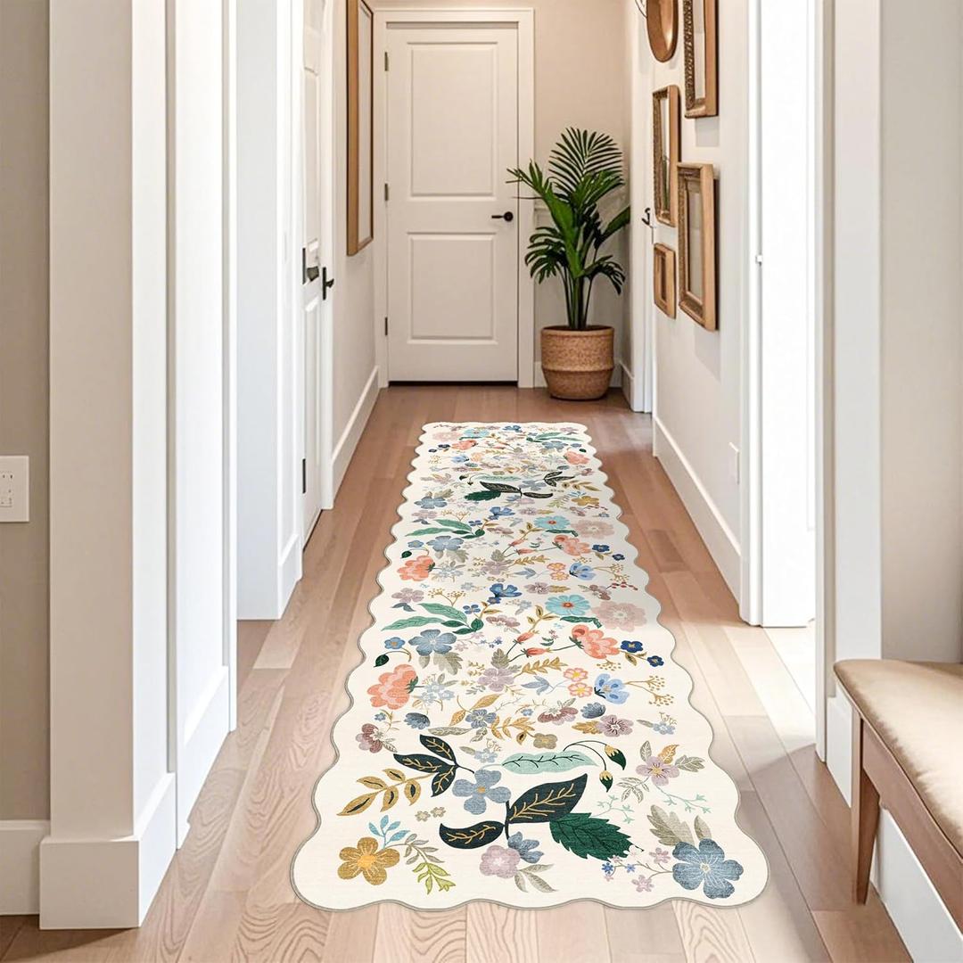 3x10 Washable Hallway Runner Rug: Long Floral Scalloped Soft Runners for Kitchen Entryway Non Slip Bathroom Nursery Floor Mat 10ft Water Resistant Low Pile Carpet for Living Room Bedroom(3x10,Cream)