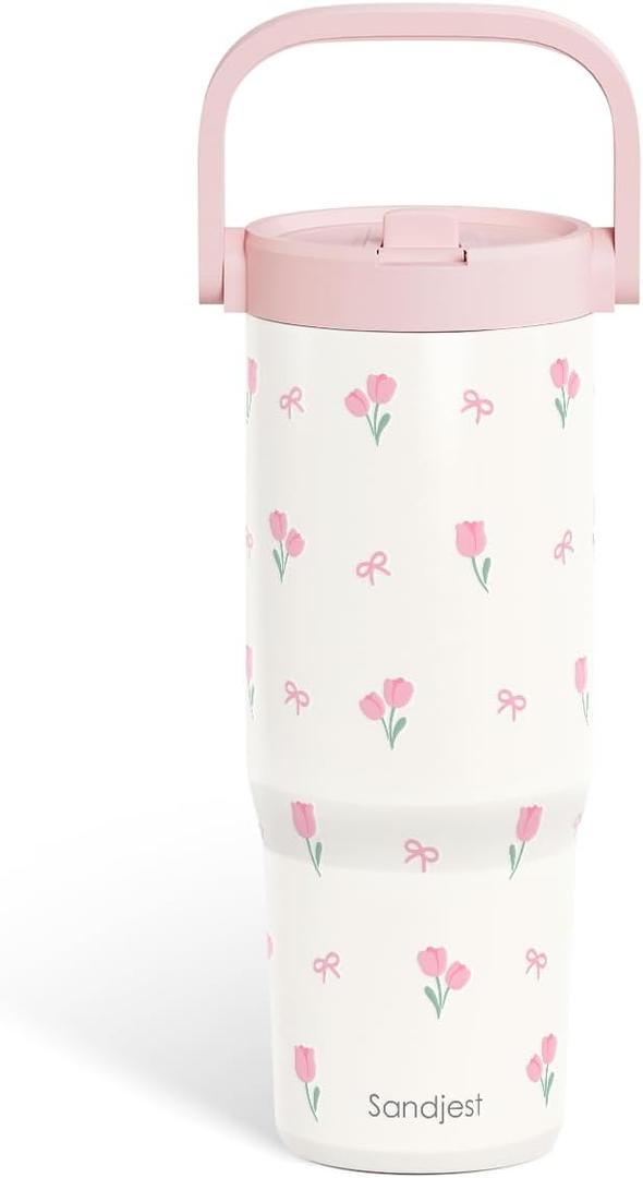 SANDJEST Tulip Stainless Steel Straw Lid Tumbler 30oz with Carry Handle for Women Girls, Insulated Travel Coffee Cup, Gift for Sports Workout Christmas Birthday