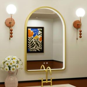 24x36 Inch Arched Gold LED Mirror for Bathroom, Adjustable 3000K/4500K/6000K, Wall Mounted Framed Lighted Bathroom Vanity Mirror with Lights, Anti-Fog, Dimmable, Memory Function