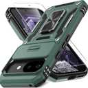 DEERLAMN Case for Google Pixel 9A with Slide Camera Cover+Screen Protector (1 Pack), Rotated Ring Kickstand Military Grade Shockproof Protective Cover-Green