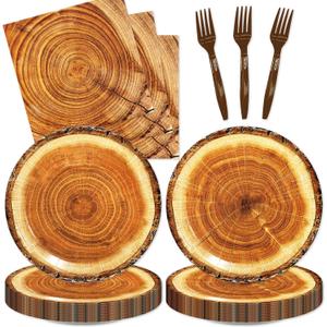 48pcs Camping Wood Grain Slice Party Decoration Set,16 Dessert plate,16 Napkin And 16 Fork,Disposable tableware for 16 persons,Used for Fire Camping Woodland Animal Lumberjack Party Supplies