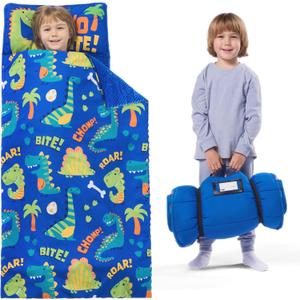 JOIEDOMI Toddler Sleeping Bag for Kids 55''x30'' Nap Mat with Removable Pillow and Minky Blanket for Toddler Ages 3-7 Roll Up Soft Kids Sleeping Bag for Boys Girls Kindergarten Daycare Sleepover (Blue Dinosaur)