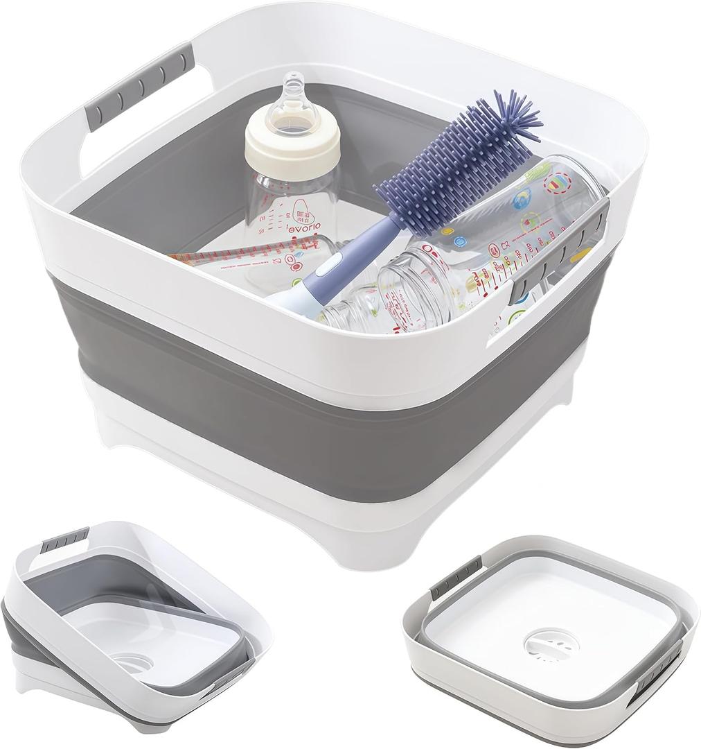 2.6 Gallon Collapsible Wash Basin with Drain Plug, Portable Large Capacity Foldable Sink, Multifunctional Dish Tub for Baby Bottles, RV, Camping, Kitchen, Travel & Outdoor Activities