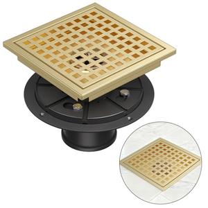 Square Shower Floor Drain with Flange, 4 Inch Brushed Gold Shower Drain Hair Catcher, SUS304 Stainless Steel Floor Drain Strainer, Shower Drain Cover