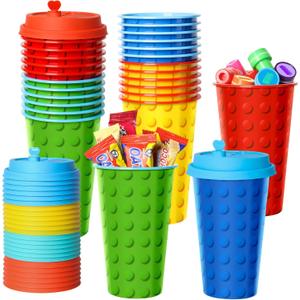 Building Blocks Party Favors Goodie Cups, 24 Pack Birthday Party Cups in 4 Designs, 16OZ Reusable Colorful Blocks Plastic Party Supplies Decorations Cups with Lids Plugs for Kids