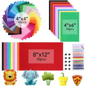ABEJFIC 60PCS Felt Fabric Sheets Craft Kit - 4"x 4" + 4"x 6"+ 8"x 12" Assorted Colors - 1mm Thick Square Nonwoven Felt Fabric for Kids, DIY Sewing Crafts, Patchwork, School Projects, Decoration