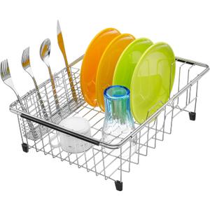 iPEGTOP Expandable Dish Drying Rack Over Sink, Rustproof Stainless Steel Basket Shelf, Multifunctional Dish Drainer Organizer with Utensil Cutlery Holder