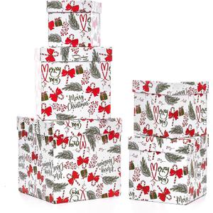 UNIQOOO 5PCS Christmas Nesting Gift Boxes with Lid, Nested Box Set, 5 Sizes, Square Stackable, Red White Green, Xmas Berry Candy Cane Paper Box Tower Dcor, Holiday Thanksgiving New Year Packaging