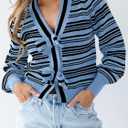 Saodimallsu Womens Striped Cropped Sweaters V Neck Cute Bow Tie Puff Sleeve Loose Knit Trendy Pullover Sweater (Large, Blue)