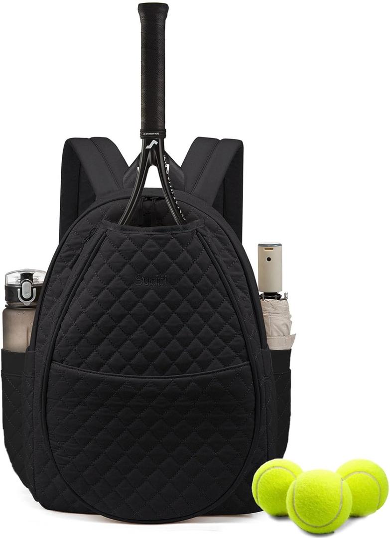 Sucipi Tennis Bags for Women, Quilted Tennis Racket Bag Backpack for Tennis Racquet, Pickleball Paddles, Badminton (Medium, Black)