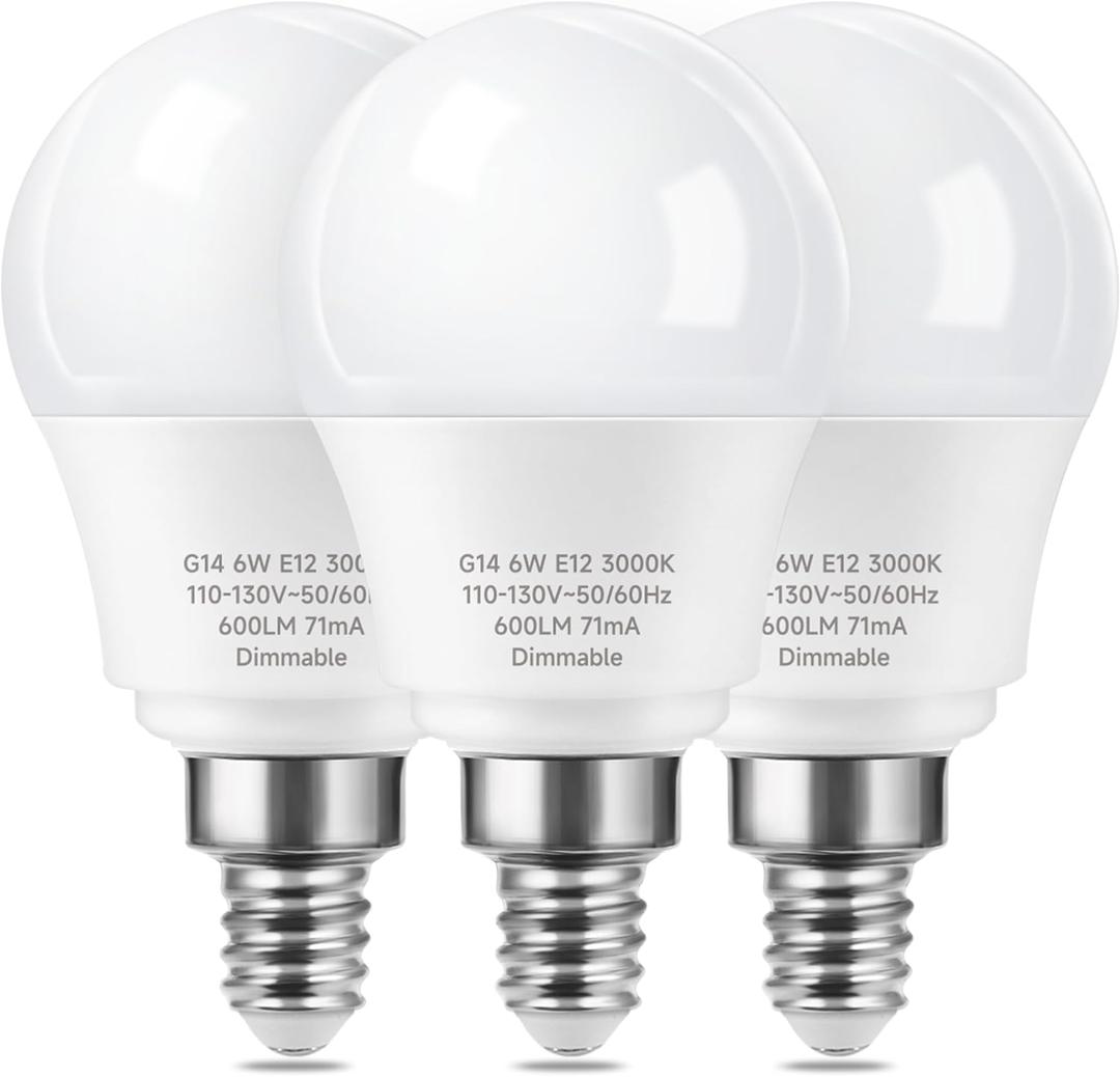 E12 Ceiling Fan Light Bulbs Dimmable, 60w Equivalent LED Bulb, Warm White 3000K, E12 Small Base Candelabra A15 LED Round Light Bulb, 600 Lumen, Pack of 3