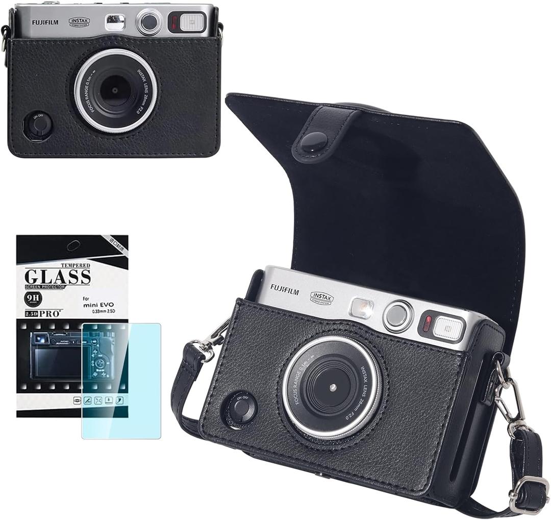 CAIYOULE Mini EVO Case, Protective Case for Fujifilm Instax Mini EVO Instant Digital Hybrid Camera, Mini EVO Accessories with PU Leather Bag and Screen Protector (Vintage Black)