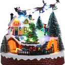 Vipush Christmas Village House Decorations Resin Train Set with Flying Santa Home Decor Indoor Building Figurines Revolving Train with LED Light and 8 Christmas Music for Kids