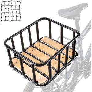 CXWXC Rear Bike Basket - Large Bicycle Rear Basket with Cargo Net and Waterproof Cover, Wooden Base Baskets Rear Large Capacity