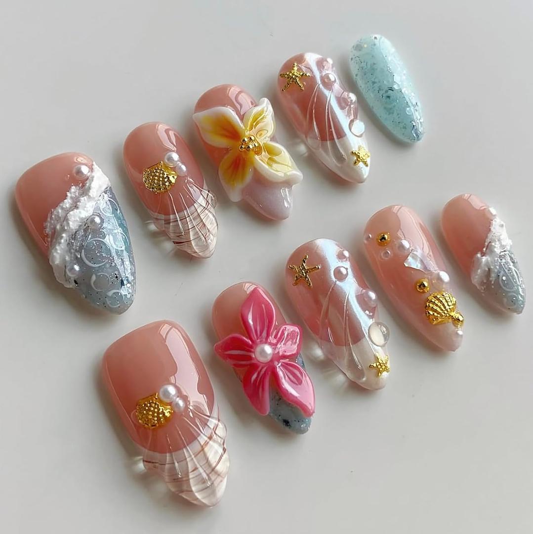 Luxury Press on Nails Medium Almond French Tip Handmade 3D Unique Reusable ABS Material Fake Nails Summer False Nails with Designs Plumeria Floral Art Petal Glossy Glue on Nails Thick Acrylic Nails(M) (N13)