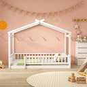 Harper & Bright Designs Twin House Bed with Safety Fences and Door, Solid Wood House Floor Bed Twin, Montessori Bed Frame for Boys, Girls, Playhouse Design & No Spring Box Needed, White