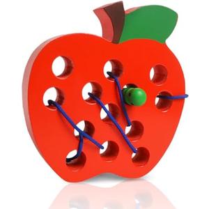 Lacing Toys for Toddlers 1-3,Wooden Threading Apple Baby Travel Toys,Montessori Education Sensory Learning Fine Motor Skills, Wooden Block Puzzle Gifts for 1 2 3 Year Old Baby Kids Boys Girls