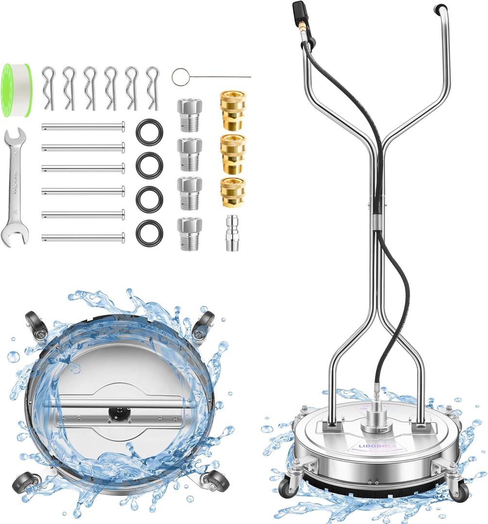 20" Pressure Washer Surface Cleaner with 4 Wheels and Dual Handle, Power Washer Attachment for Cleaning Concrete, Patio, Sidewalk, Deck and Driveways - PWS 20 (20 Inch Silver 1)