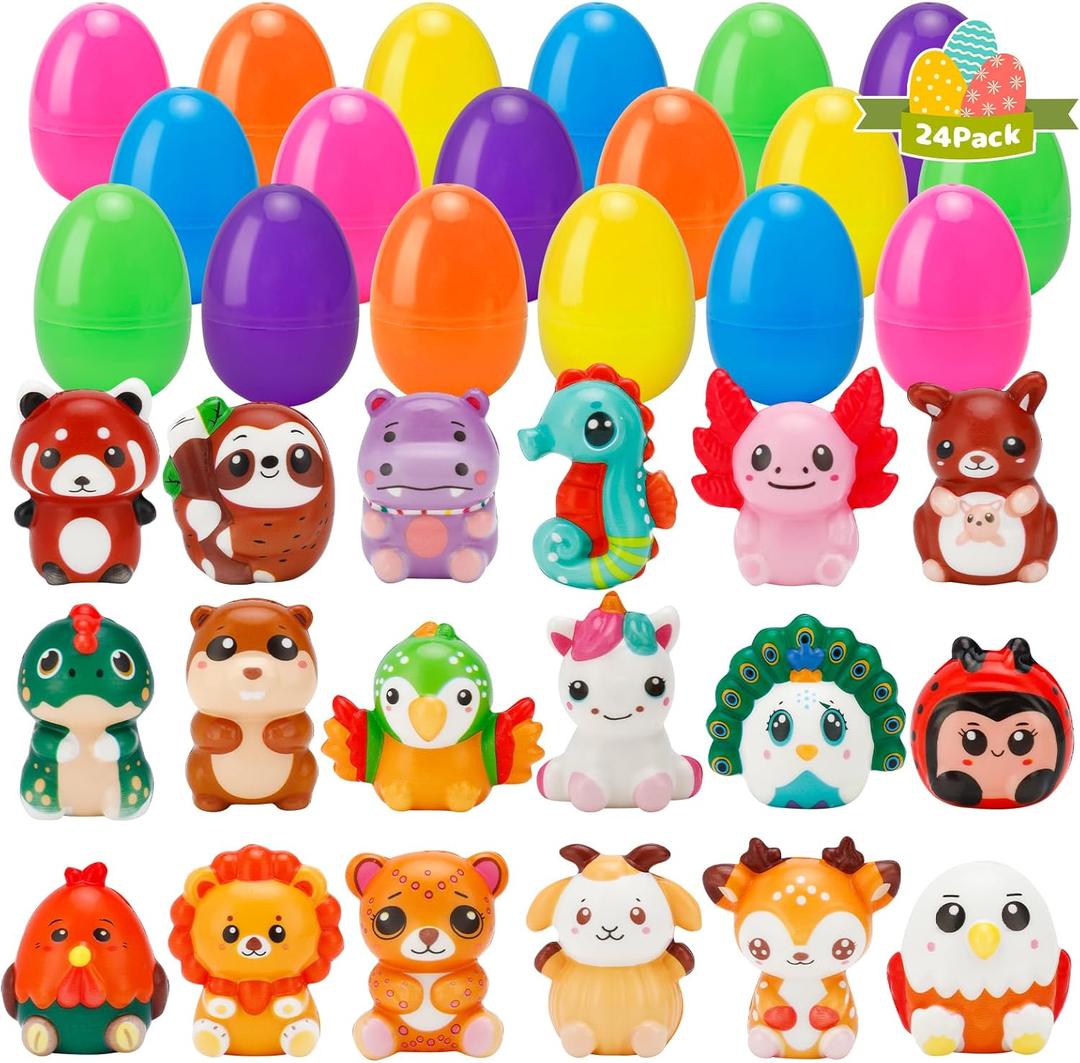24 Pack Pre-Filled Easter Eggs with Cute Animal Squishy Toys, Colorful Plastic Eggs for Easter Egg Hunt, Party Favors, Easter Basket Stuffers for Kids
