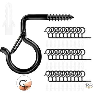 30 Pack Q Hanger Hooks with Safety Buckle, Windproof Screw Hooks for Hanging Outdoor String Lights, Ceiling Hooks for Plants, Christmas Lights & Patio Lights, Cups, 2.2 in