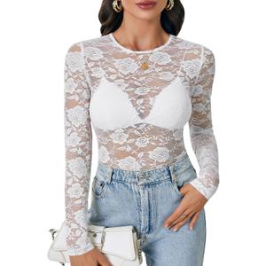 LYANER Women's Lace Long Sleeve Tops Floral Sexy Mesh Sheer Shirt See Through Undershirt Tops (White, S)
