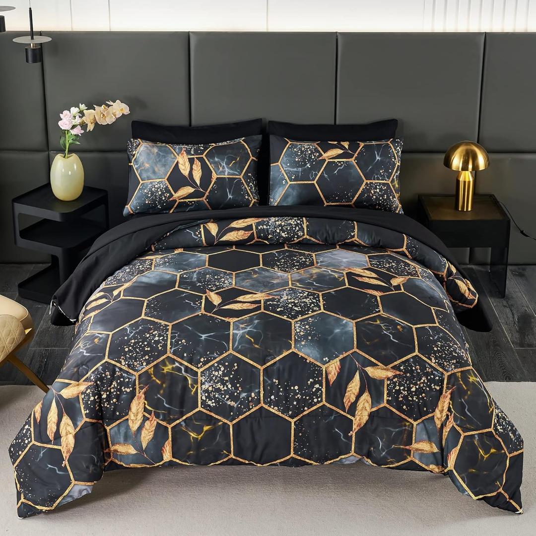 ANGIYUIN Geometric Black Queen Comforter Set, 7 Pieces Modern Foil Print Decor Gold Trim Bed in A Bag, Ultra Soft Lightweight Duvet Insert for All Season (Black Queen)