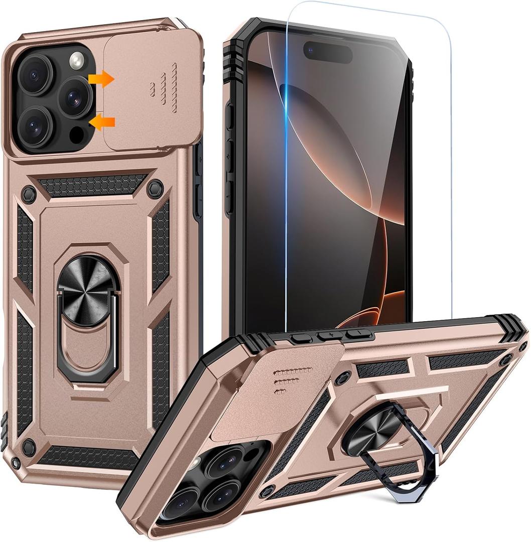 Goton Compatible for iPhone 16 Pro Case with Screen Protector - Slide Camera Cover Protective Phone Case with Ring Stand, Heavy Duty Shockproof Rugged Bumper for iPhone 16 Pro Accessories Rose Gold Goton Compatible for iPhone 16 Pro Case with Screen Protector - Slide Camera Cover Protective Phone Case with Ring Stand, Heavy Duty Shockproof Rugged Bumper for iPhone 16 Pro Accessories Rose Gold