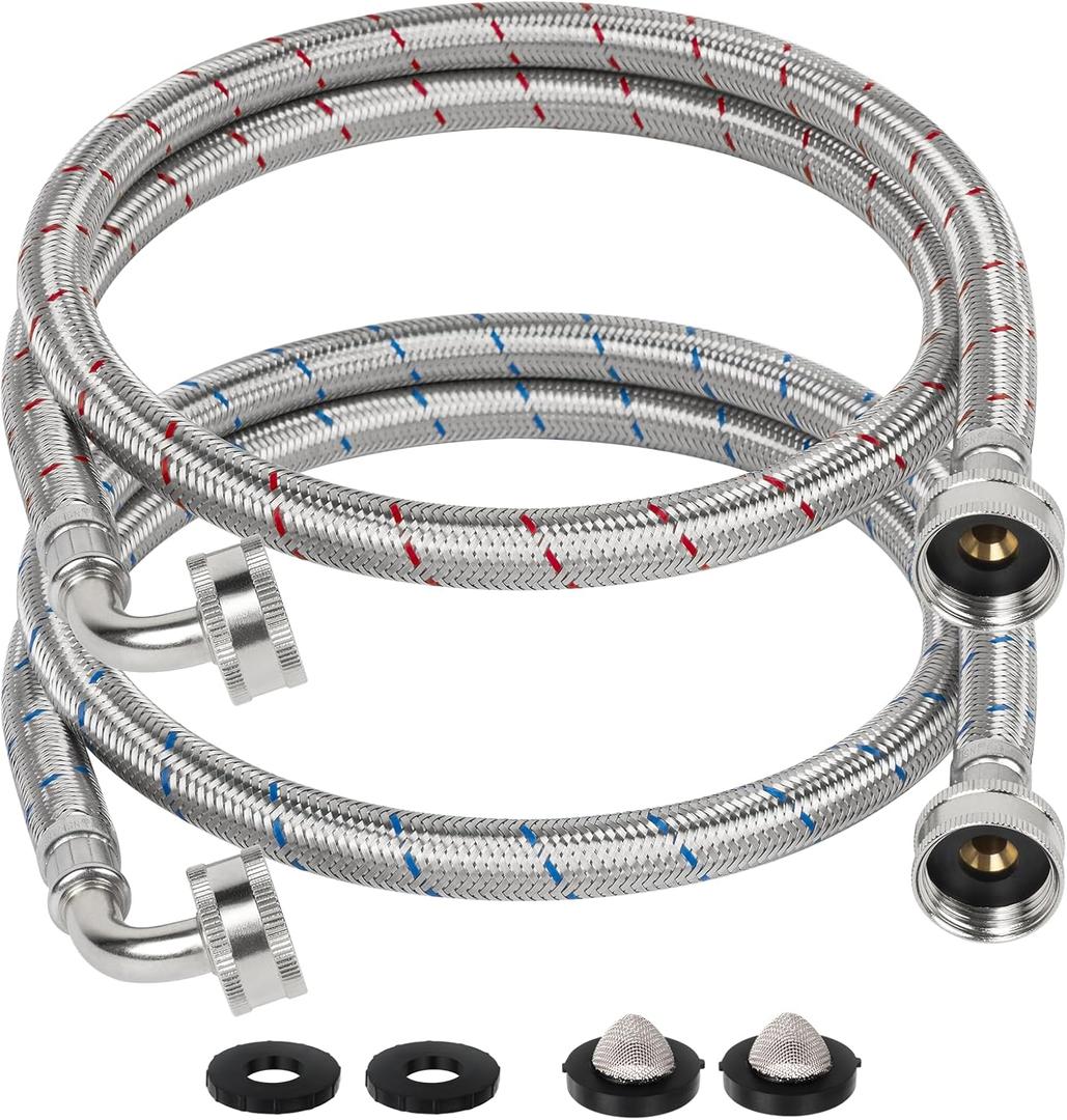 4 FT Washing Machine Hoses with 90 Degree Elbow, Stainless Steel Braided Washer Hose Supply Line with 3/4" FHT Connectors for Short to Moderate-Residential Water Supply, Red & Blue, 2 Pack