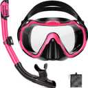 Snorkeling Gear for Adults, Adult Snorkel Set with Panoramic Anti-Leak and Anti-Fog Tempered Glass Snorkel Mask, Dry Top Snorkel, Snorkel Mask Set Adult with Mesh Bag Ear Plug for Snorkeling (Pink (1 Set)) Small Size
