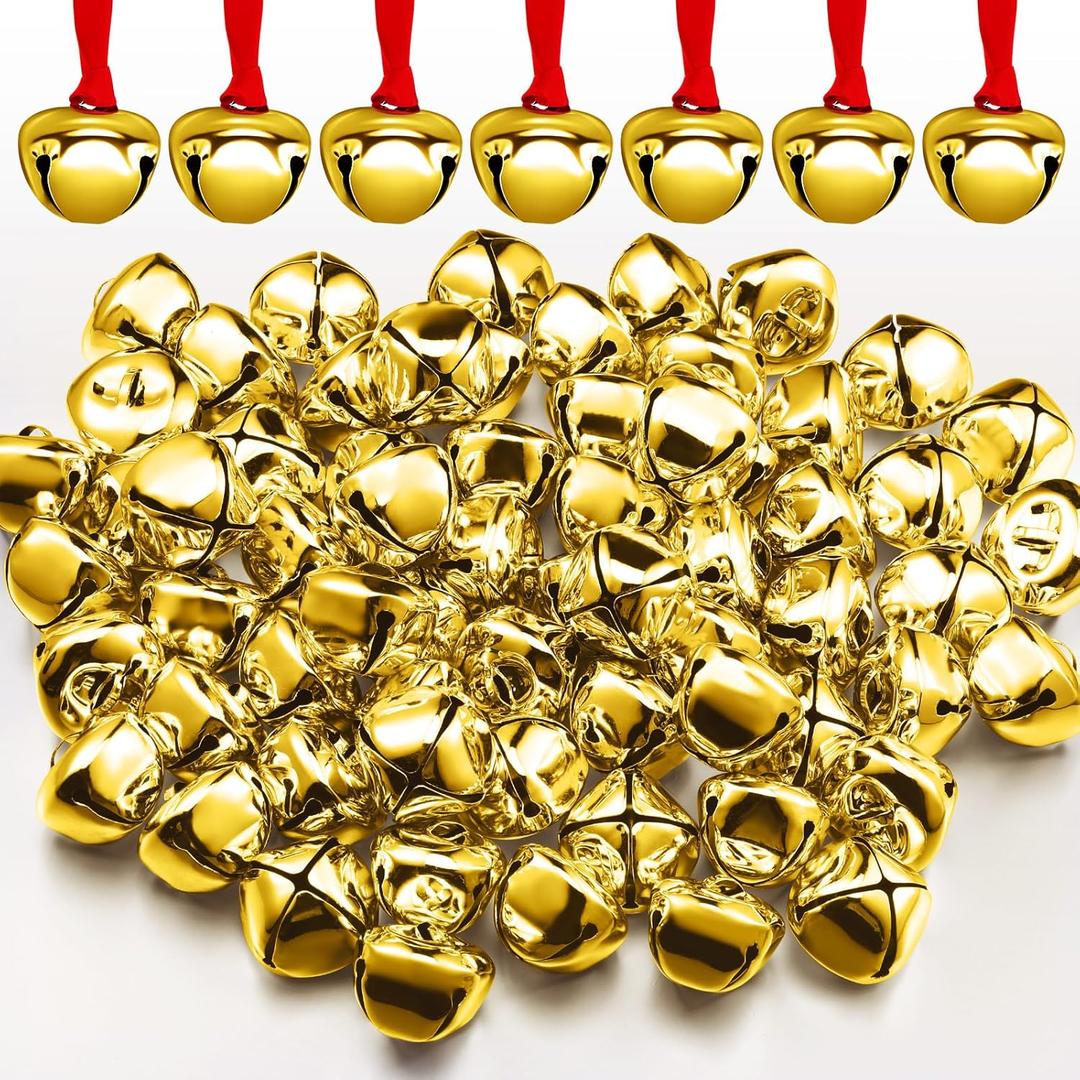 Syhood 100 Pieces Christmas Believe Bell Ornaments Gifts Bulk Polar Santa Sleigh Bells 1.5'' Christmas Tree Decorations Xms Party Gifts Favors Stocking Stuffers (Gold)