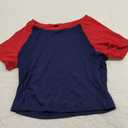 Avanova Women's Letter Print Tee Short Sleeve Round Neck Slim Fit Crop Top T Shirt (Blue Red, S)