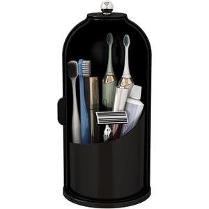 Dustproof Toothbrush Holders with Cover, Rotating Electric Toothbrush and Toothpaste Holder for Bathroom Countertop, 3 Slots Makeup Brushes Organizer, Solid Black