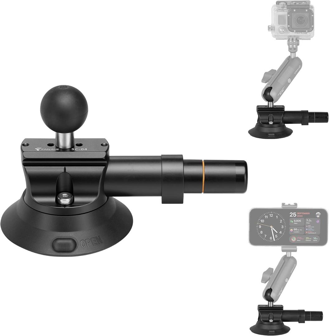 FANAUE Camera Suction Cup Mount with 1 inch Ball Head, ARRI Style Metal Pump-actived Vacuum Suction Mount with NATO Rail on Car Windshield Dash for DSLR Action Camera Phone Holder