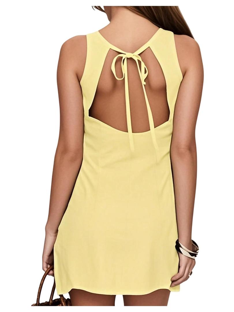 WDIRARA Women's Polka Dots Mini Dress Crew Neck Sleeveless Backless Short Party Dresses Yellow Solid Small (Yellow, S)
