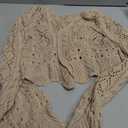 Saodimallsu Womens Crochet Crop Tops Tie Front Bell Long Sleeve Cardigan V Neck Lightweight Knit Shrug Sweaters, M