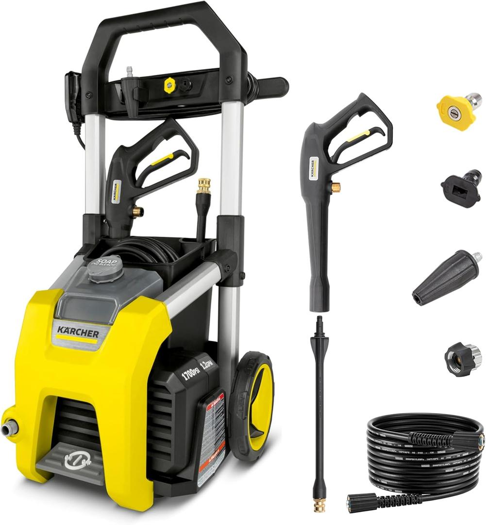 Krcher Pressure Washer K1700, CETA Certified, 3 Spray Nozzles, Detergent Tank, for Cars, Driveways, Siding, Patios, 1.2 max. GPM (Yellow)