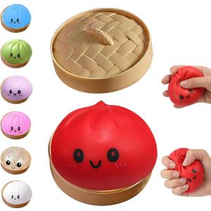 Dumpling Squishies Toy, Giant Glitter Dumpling, Colorful Steamed Bun Stress Balls Fidget Sensory Toy,Squeeze Dough Ball Stress Relief Hand Toys with Food Steamer Stretchy Desk Toys (Red)