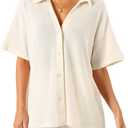 Tankaneo Womens Ribbed Knit 2 Piece Pajama Sets Button Down Short Sleeve Tops and Shorts Set Summer Casual Loungewear (Small, Beige)