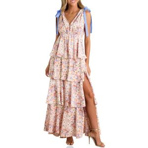 Wenrine Womens Summer Floral Maxi Dress Tie Strap Sleeveless V Neck High Slit Boho Ruffle Tiered Beach Dresses Violet, XL