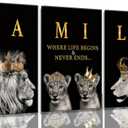 3Pcs Framed Lion Family Canvas Wall Art The Lion King and Queen with Gold Crown Poster Modern Motivational Black and White Animal Wall Decor Painting for Home Bedroom Living Room Office decoration