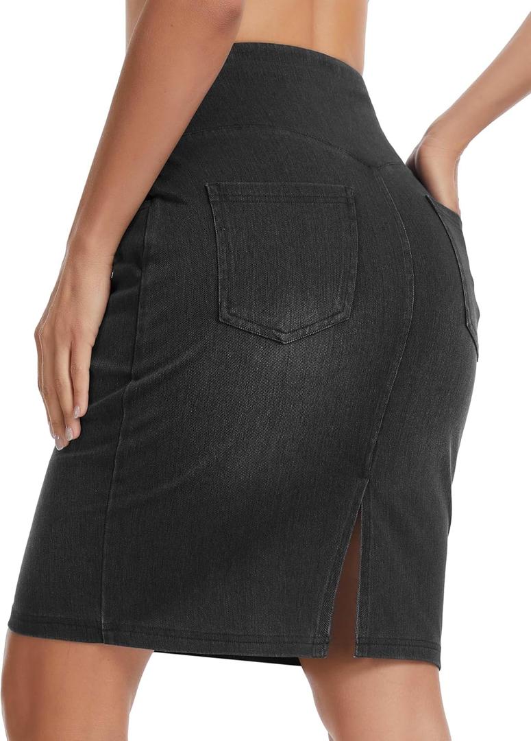 THE GYM PEOPLE Women's High Waist Pencil Jean Skirts Stretchy Denim Skirt | Back Slit, Knee Length, 4 Real Pockets, Pull On, Tummy Control, Slim Fit, Figure hug, for office, Street, Travel, date (Black, L)