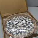 Round Rattan Tray with Mother of Pearl Inlay, Rattan Serving Tray with Wooden Base, Decorative Wicker Basket for Table Decor, Storage and Display of Coffee Bread Food Fruit (Plume 13.5")