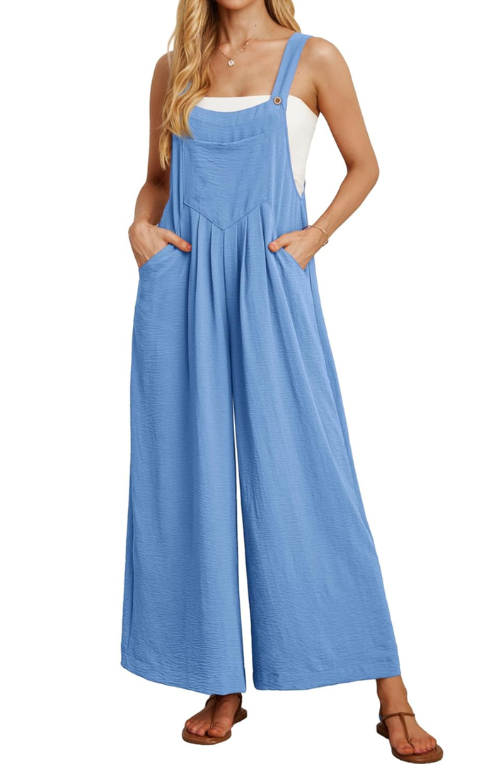 IWOLLENCE Women's Summer Jumpsuits Boho Wide Leg Overalls Casual Loose Rompers with Pockets 2025, Small, Blue 